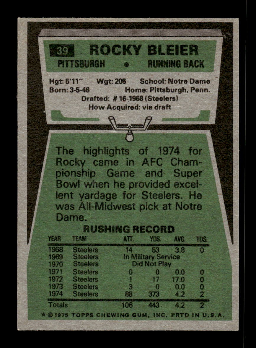 1975 Topps #39 Rocky Bleier Pittsburgh Steelers EX 10011909