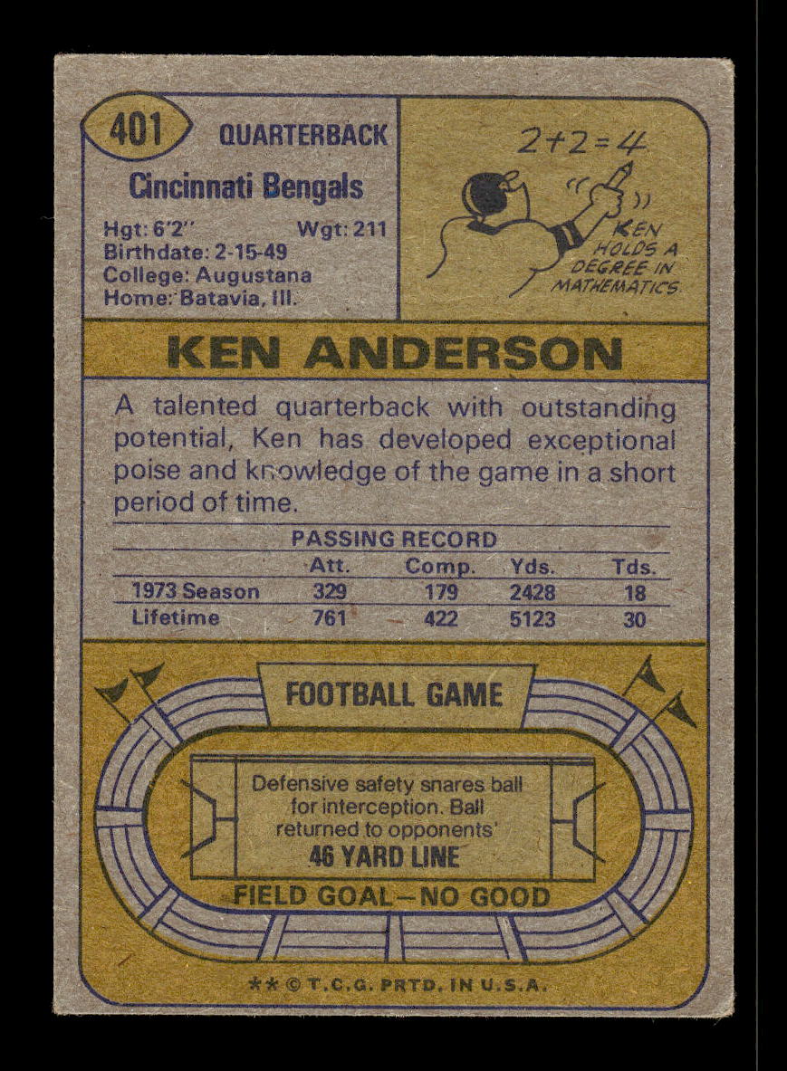 1974 Topps #401 Ken Anderson Cincinnati Bengals VG 10011911