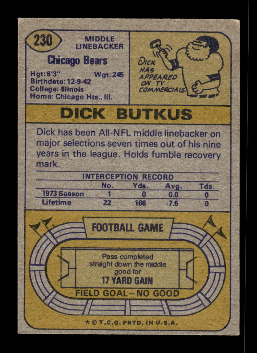 1974 Topps #230 Dick Butkus Chicago Bears VGEX 10011914