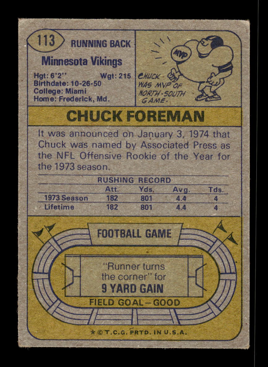 1974 Topps #113 Chuck Foreman Minnesota Vikings VG 10011919