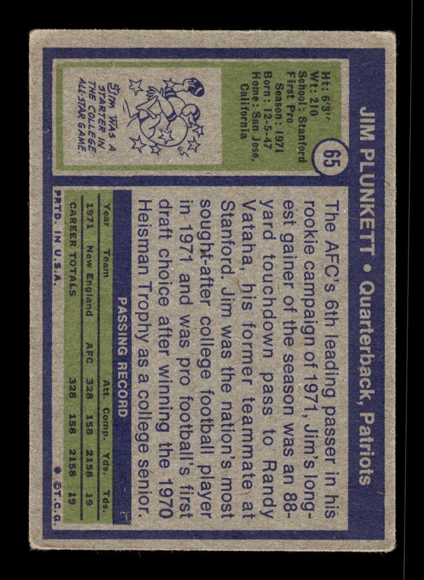 1972 Topps #65 Jim Plunkett New England Patriots VG 10011923