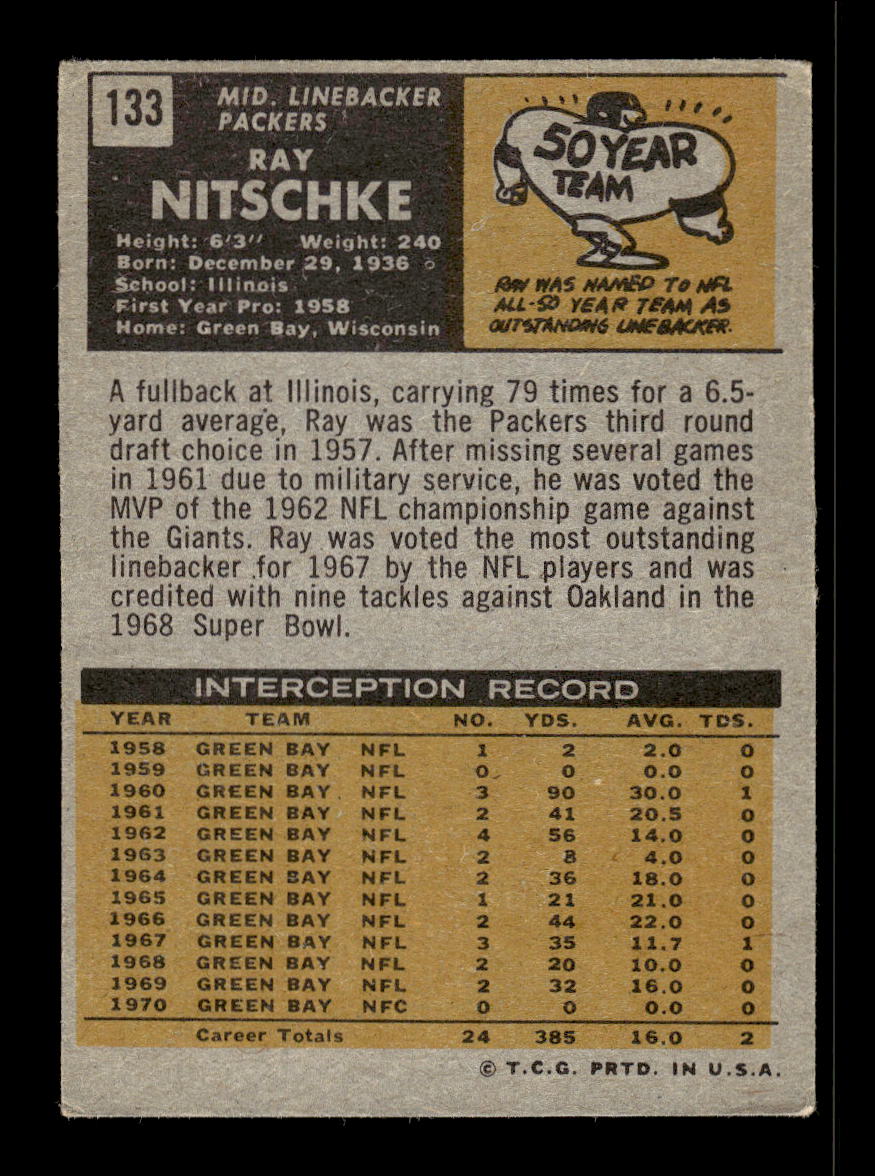 1971 Topps #133 Ray Nitschke Green Bay Packers G/VG 10011925