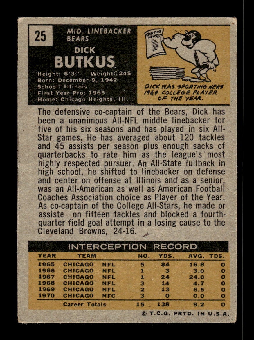 1971 Topps #25 Dick Butkus Chicago Bears G/VG 10011928