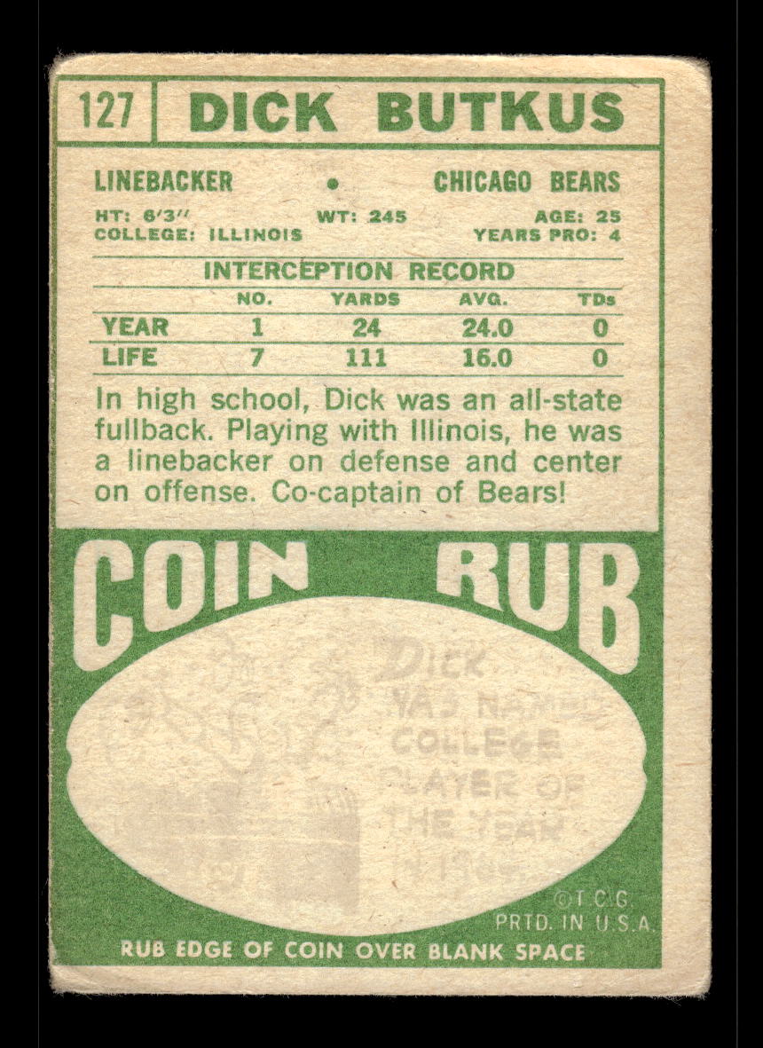 1968 Topps #127 Dick Butkus Chicago Bears G/VG 10011950