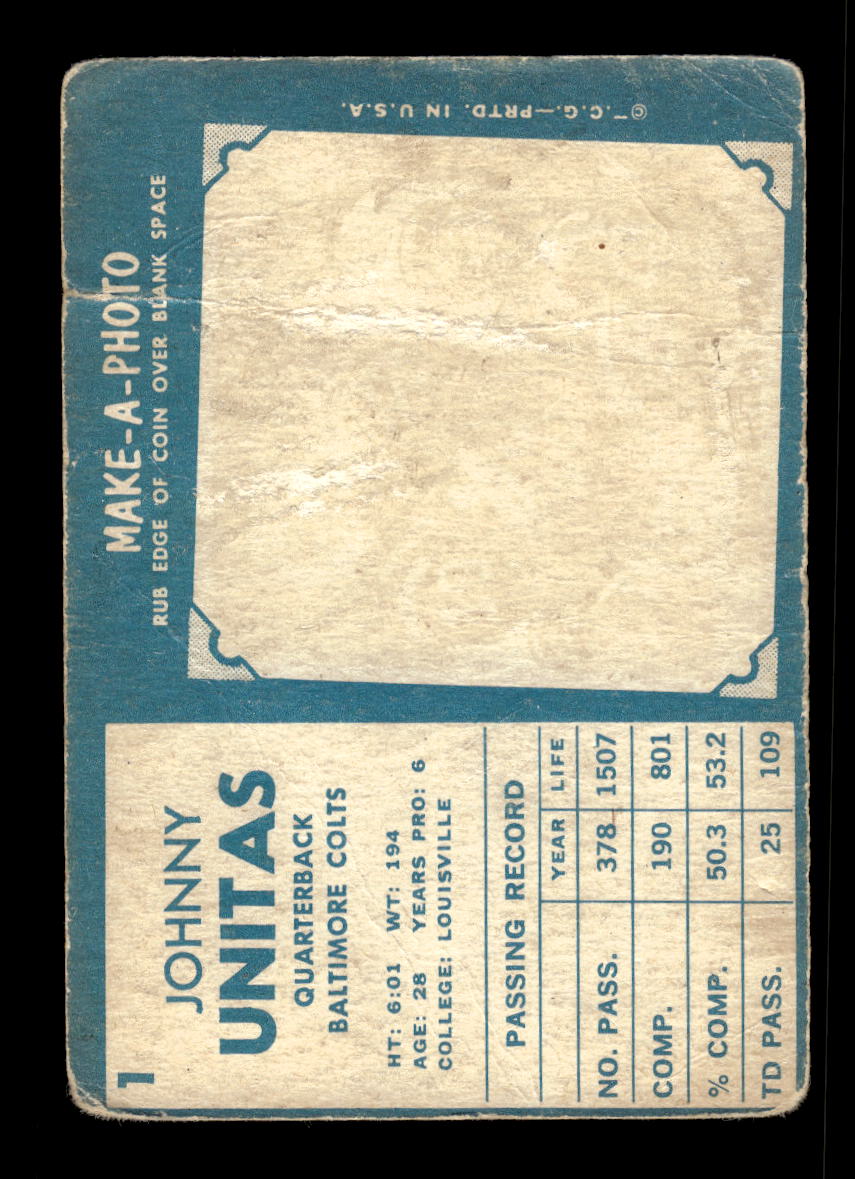 1961 Topps #1 Johnny Unitas Baltimore Colts Poor 10011957