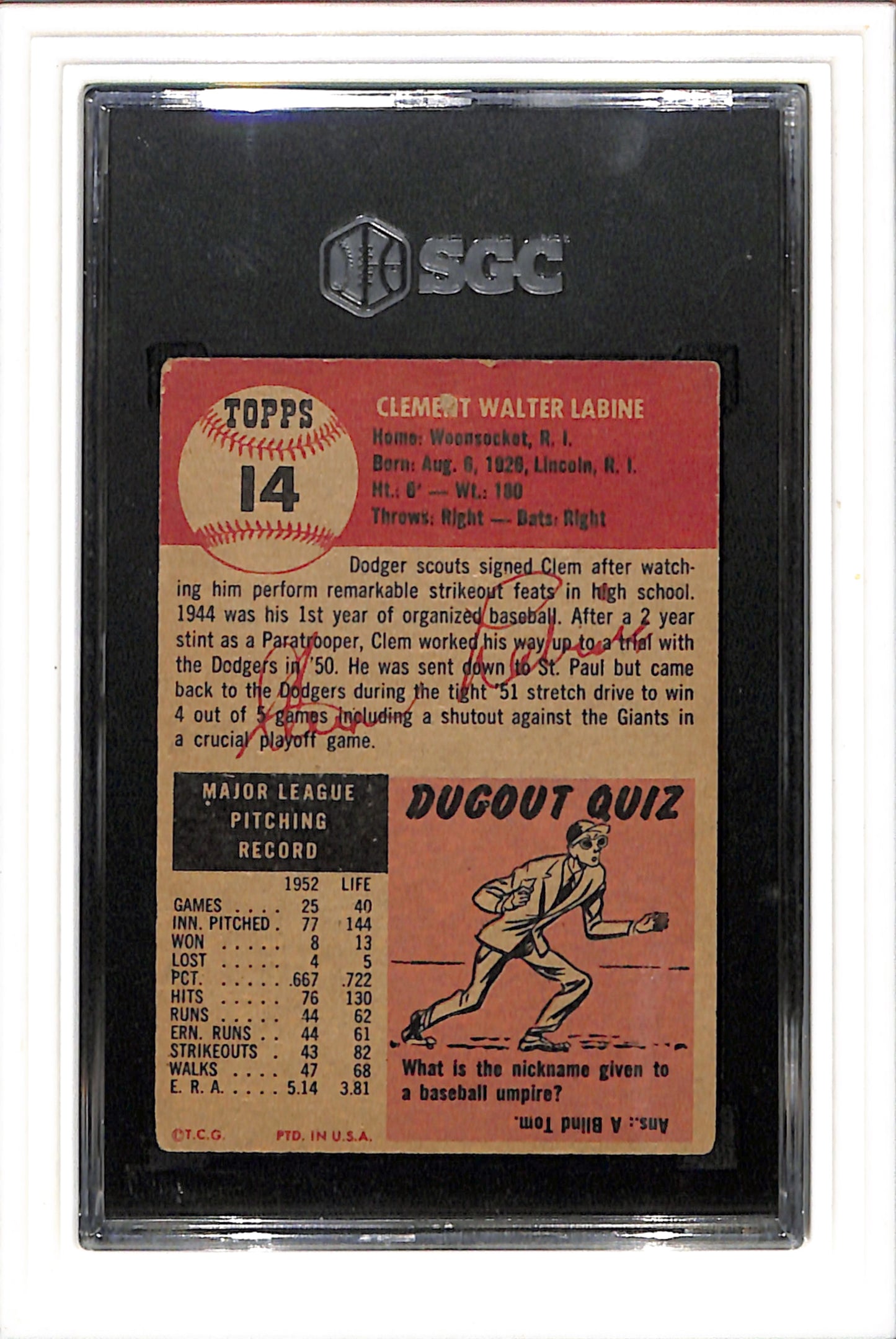 1953 Topps #14 Clem Labine SGC 1 SN 3006059