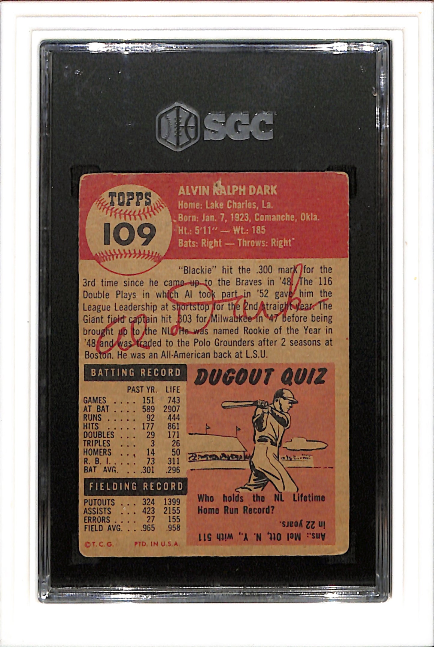 1953 Topps #109 Alvin Dark SGC 1 SN 5953593