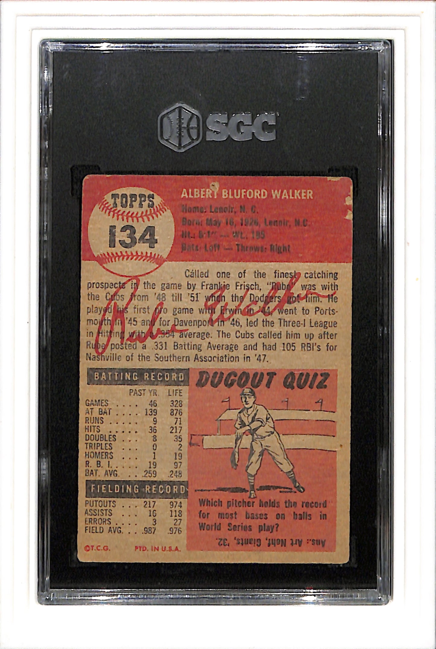 1953 Topps #134 Rube Walker SGC 1 SN 8121745