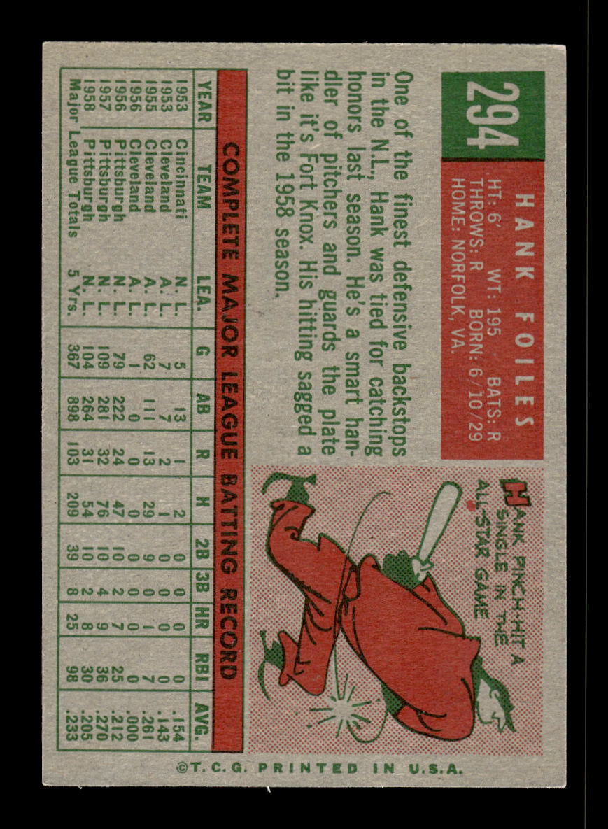 1959 Topps #294 Hank Foiles Pittsburgh Pirates EX 10012054