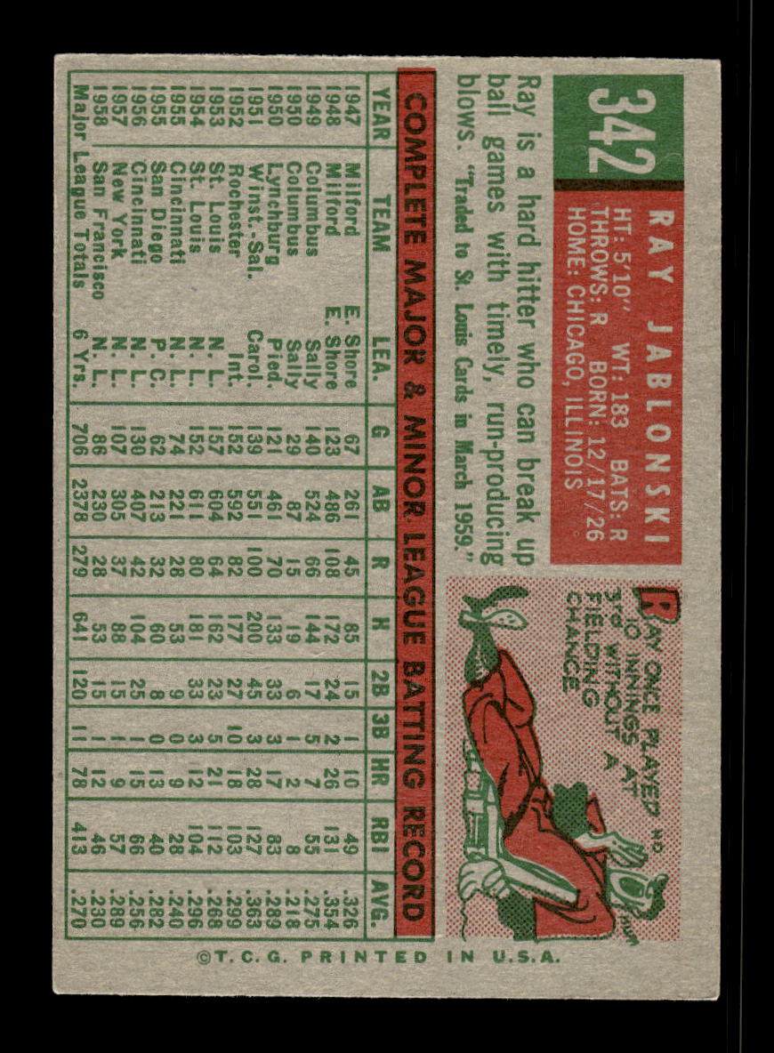 1959 Topps #342 Ray Jablonski San Francisco Giants EX 10012066