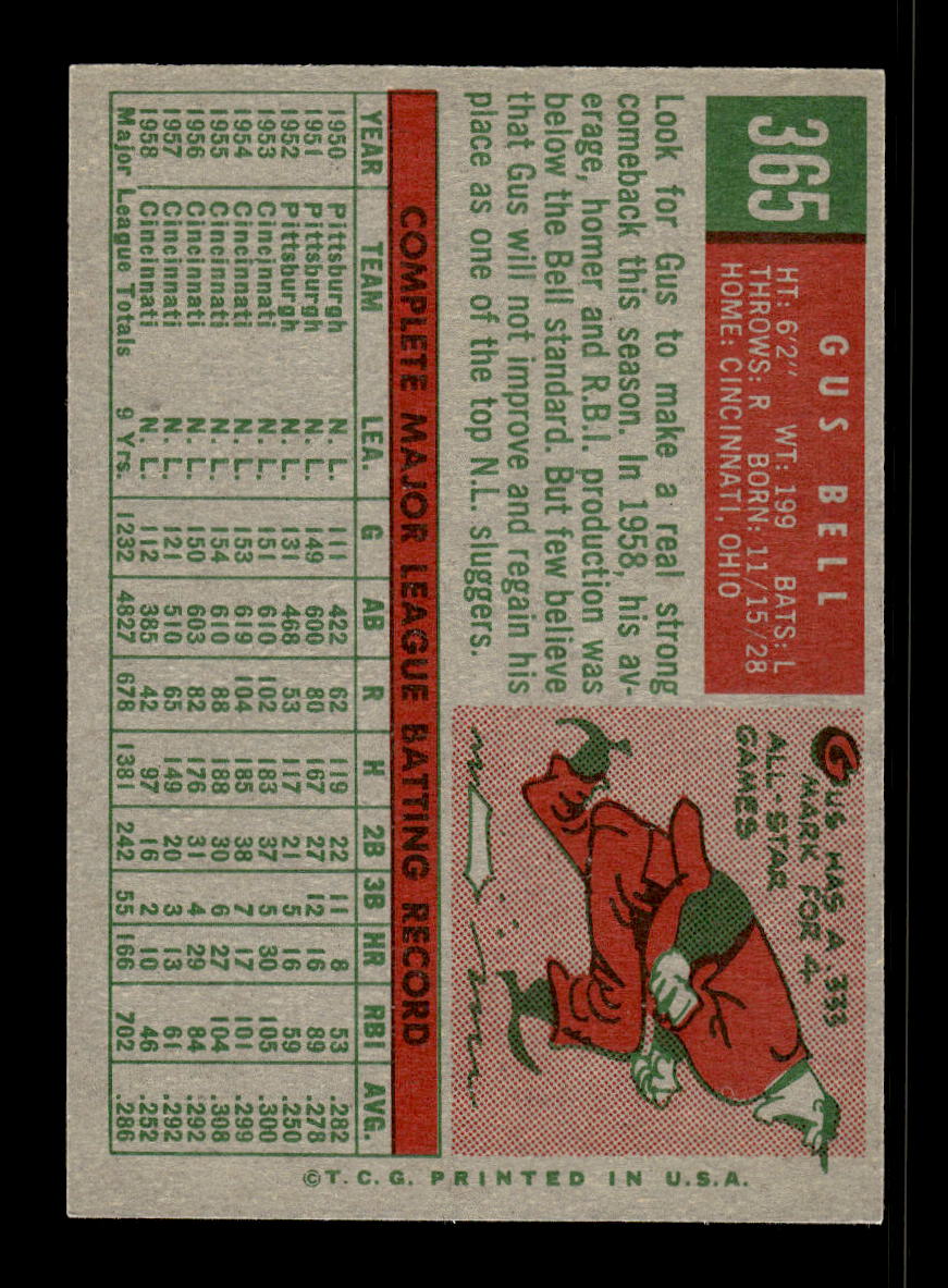 1959 Topps #365 Gus Bell Cincinnati Redlegs EX 10012072