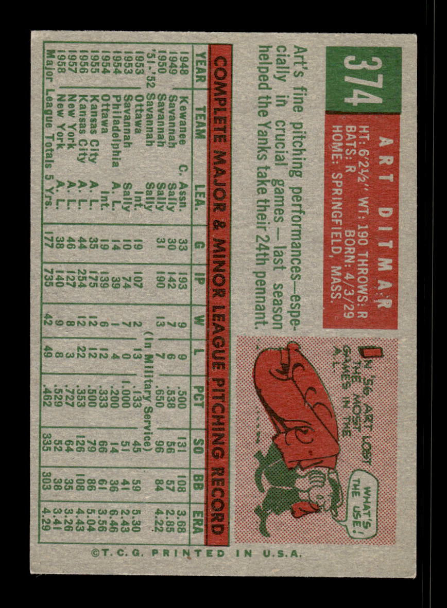 1959 Topps #374 Art Ditmar New York Yankees EX 10012076