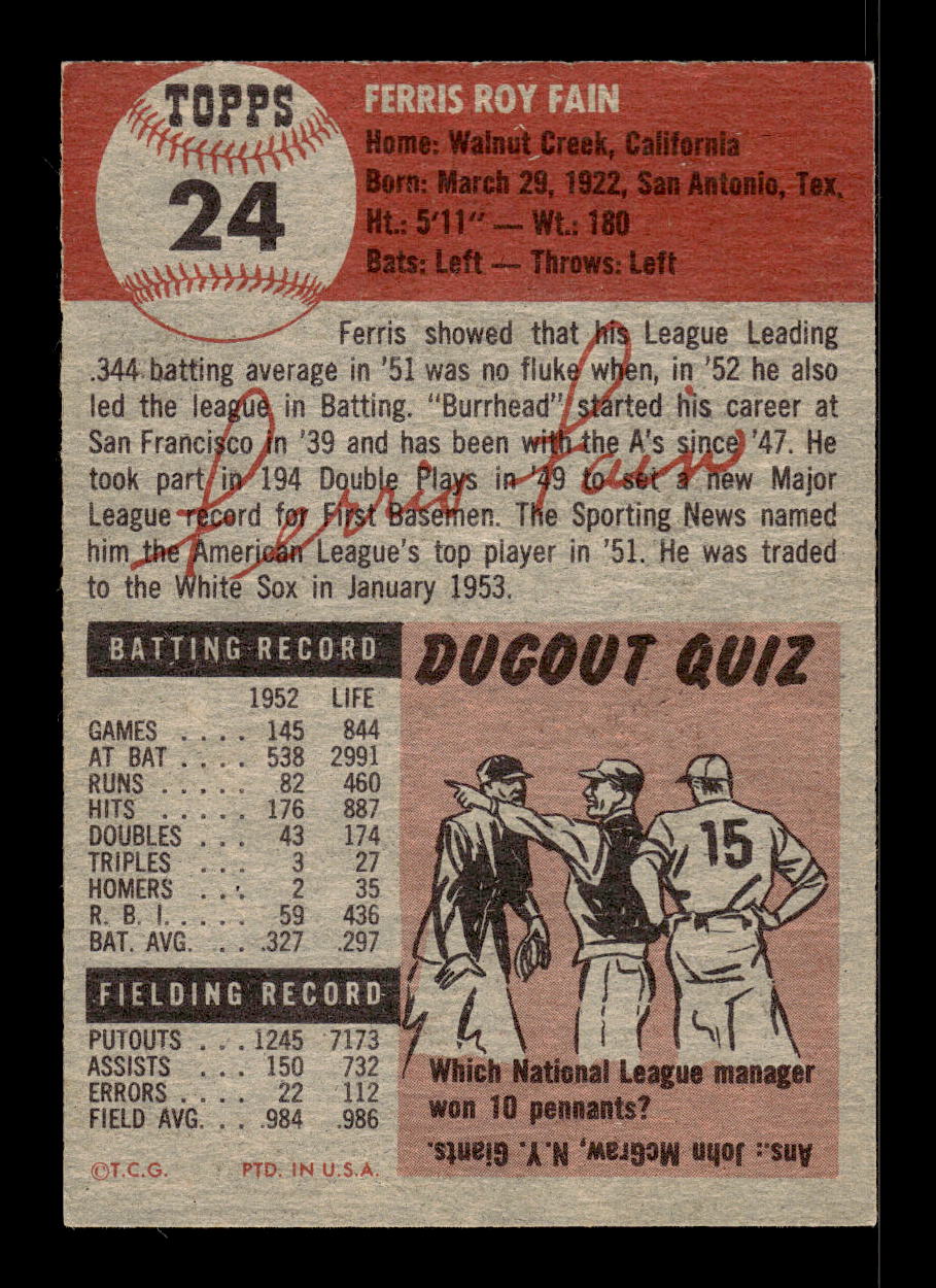 1953 Topps #24 Ferris Fain Philadelphia Athletics VGEX 10012108
