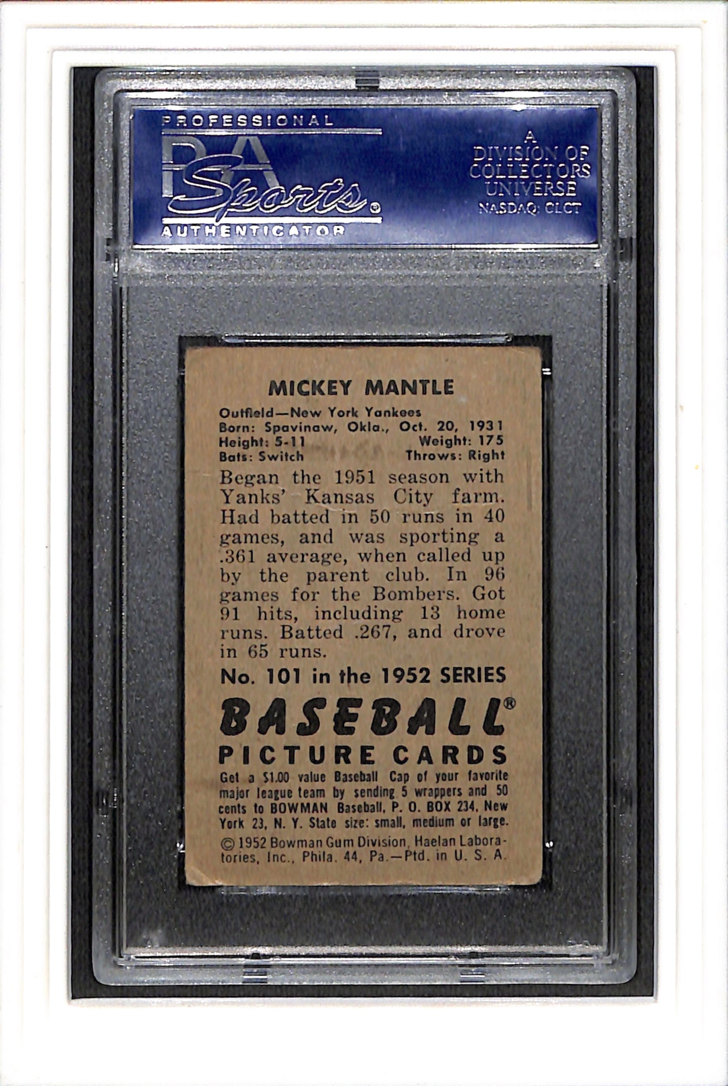 1952 Bowman #101 Mickey Mantle PSA 2 SN 17099685