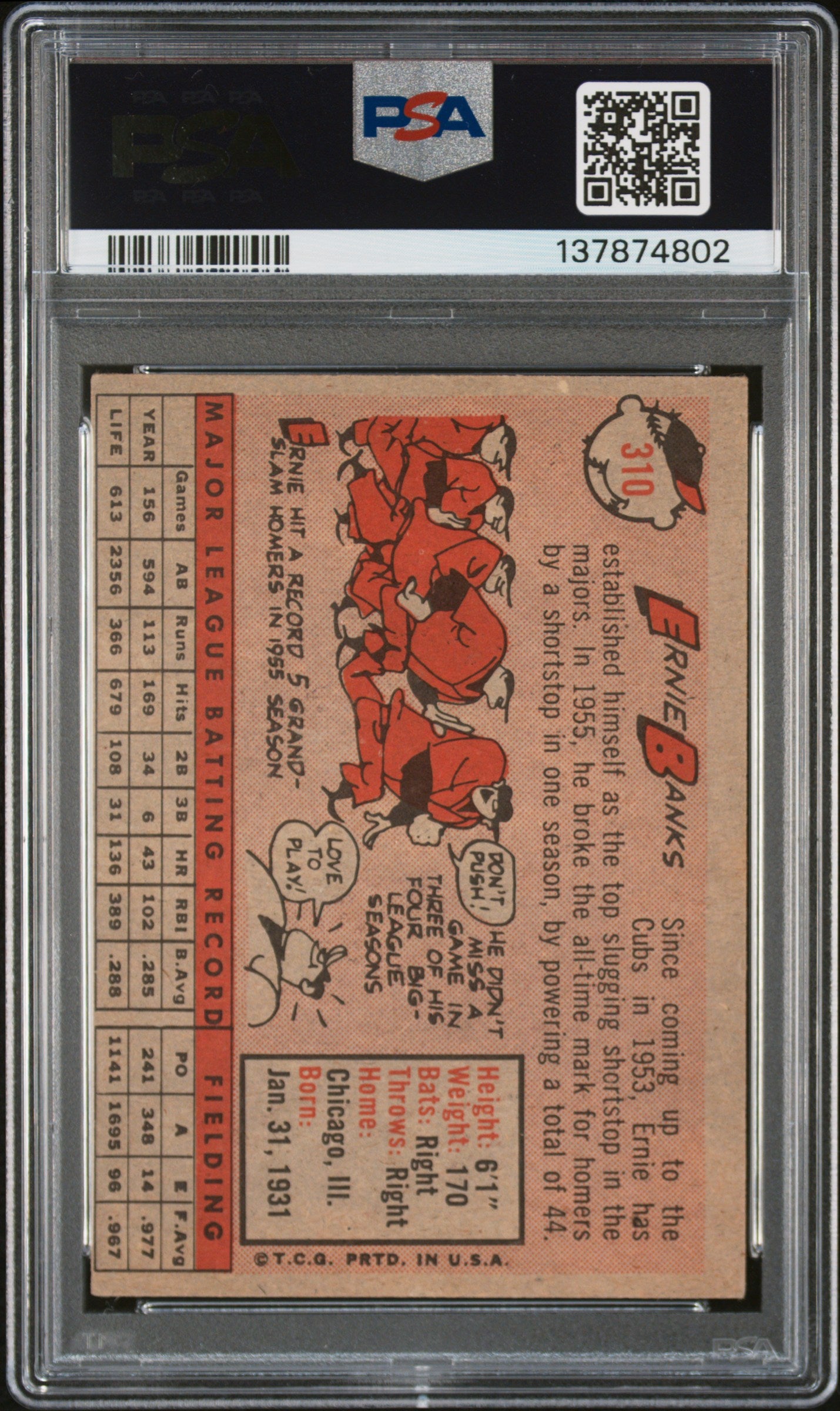 1958 Topps #310 Ernie Banks PSA 4 SN 137874802
