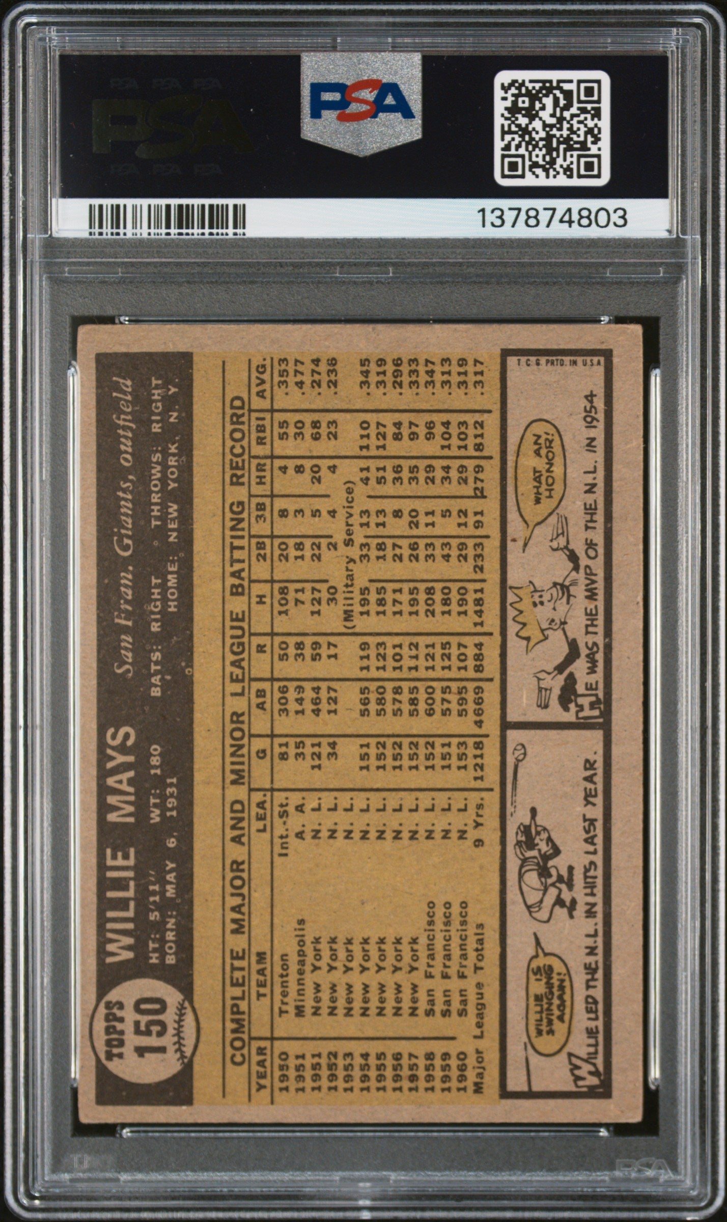 1961 Topps #150 Willie Mays PSA 4 SN 137874803
