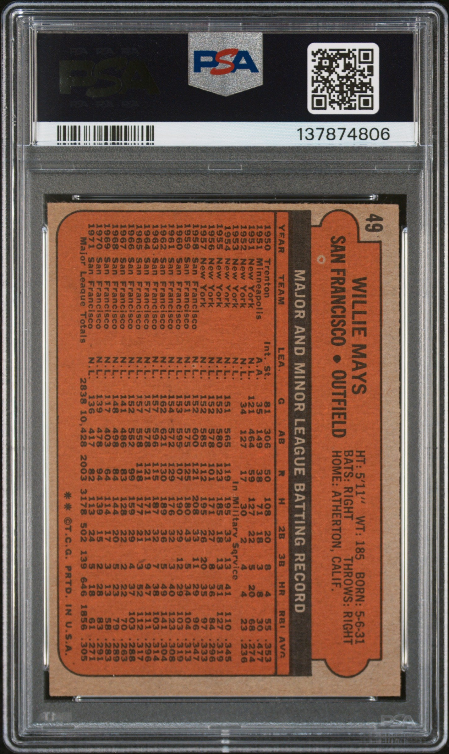 1972 Topps #49 Willie Mays PSA 7 SN 137874806