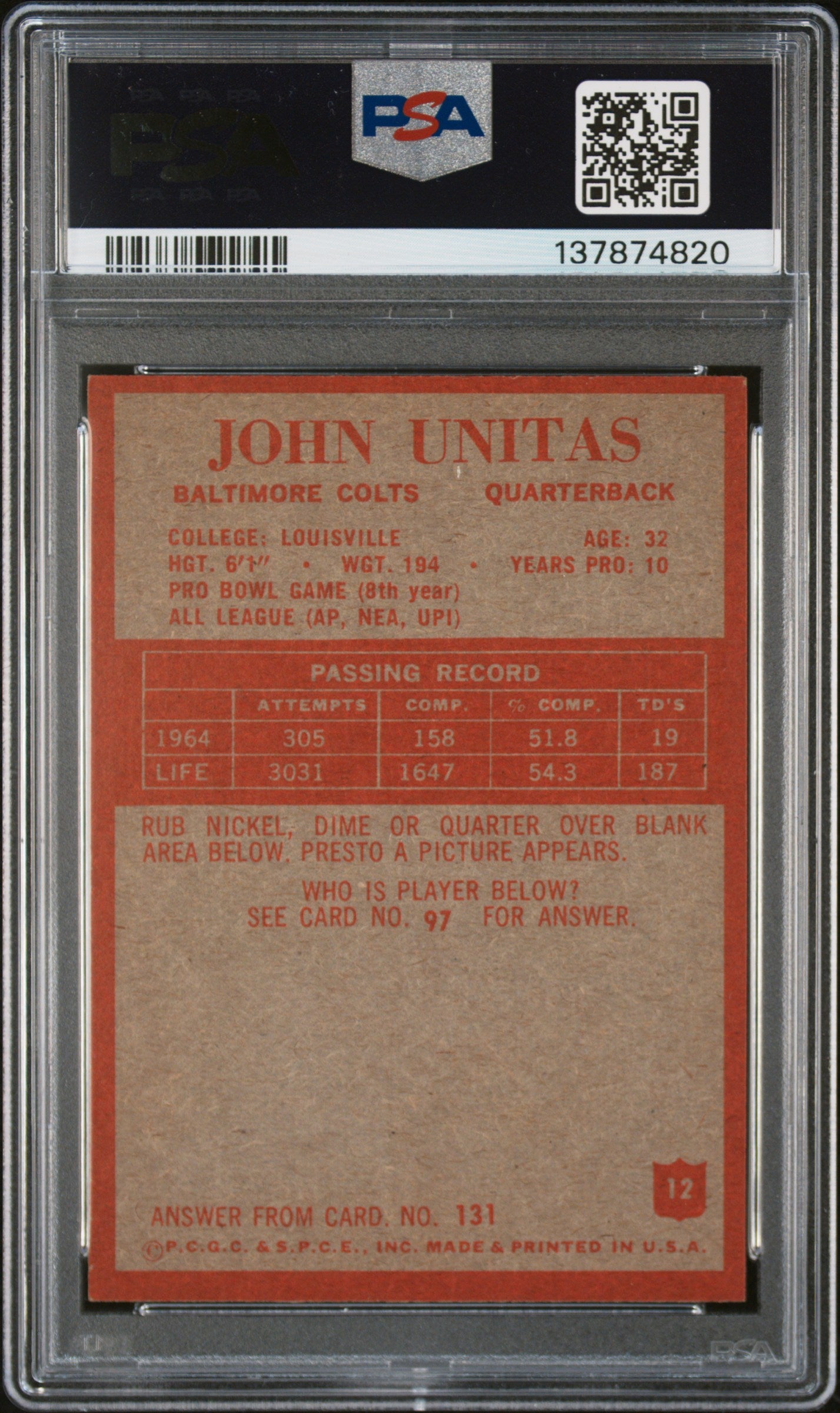 1965 Philadelphia #12 John Unitas PSA 6 SN 137874820