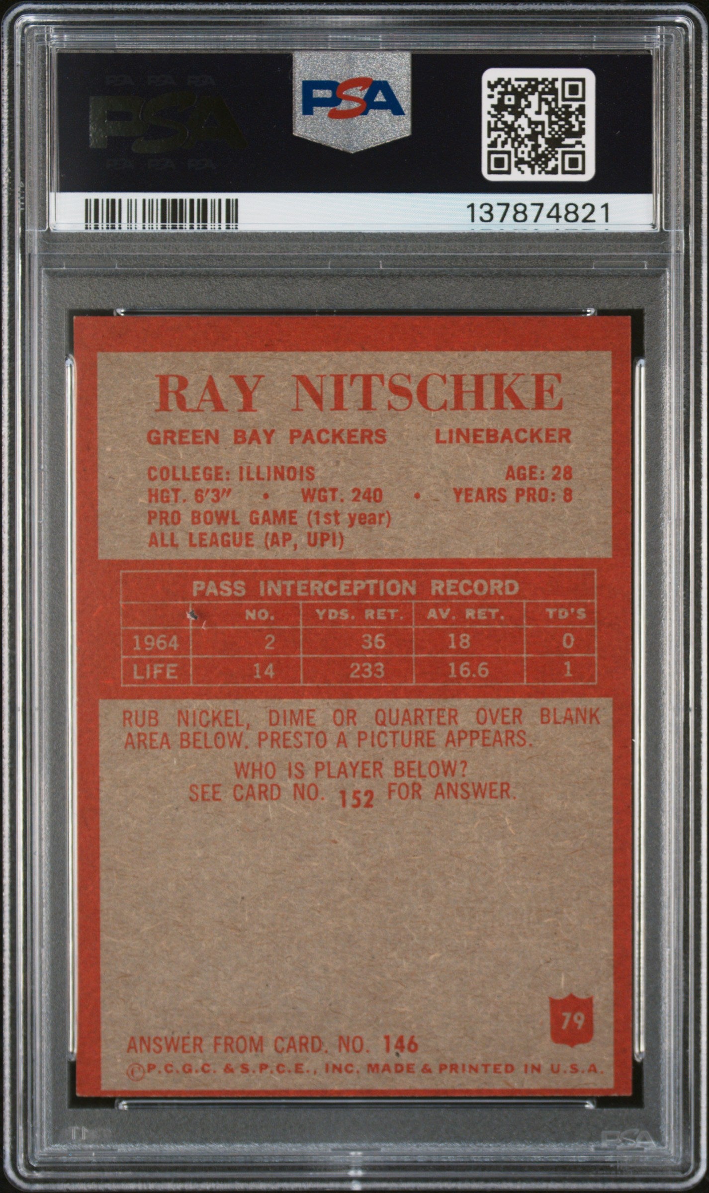 1965 Philadelphia #79 Ray Nitschke PSA 6 SN 137874821