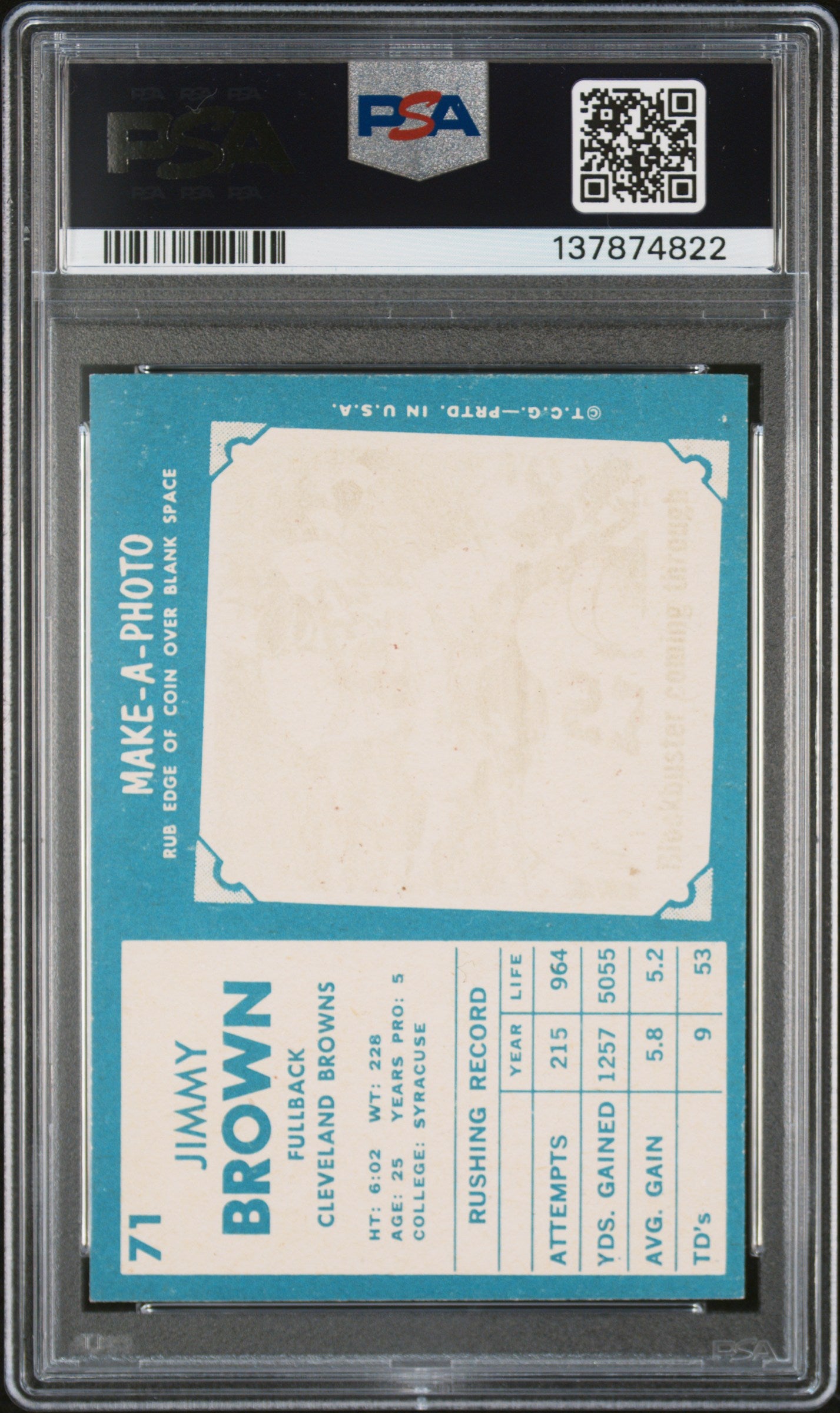 1961 Topps #71 Jim Brown PSA 7 SN 137874822