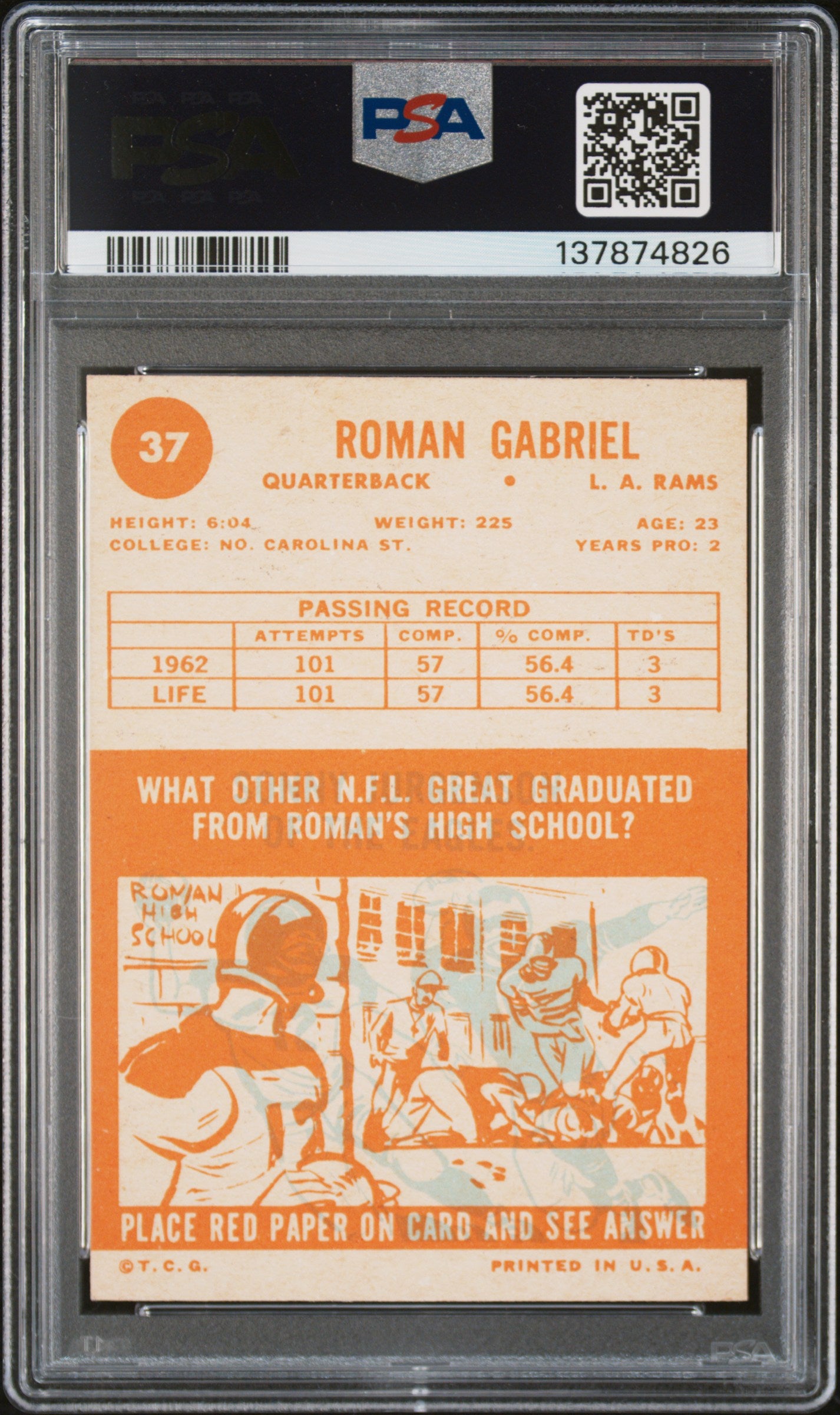 1963 Topps #37 Roman Gabriel PSA 7 SN 137874826