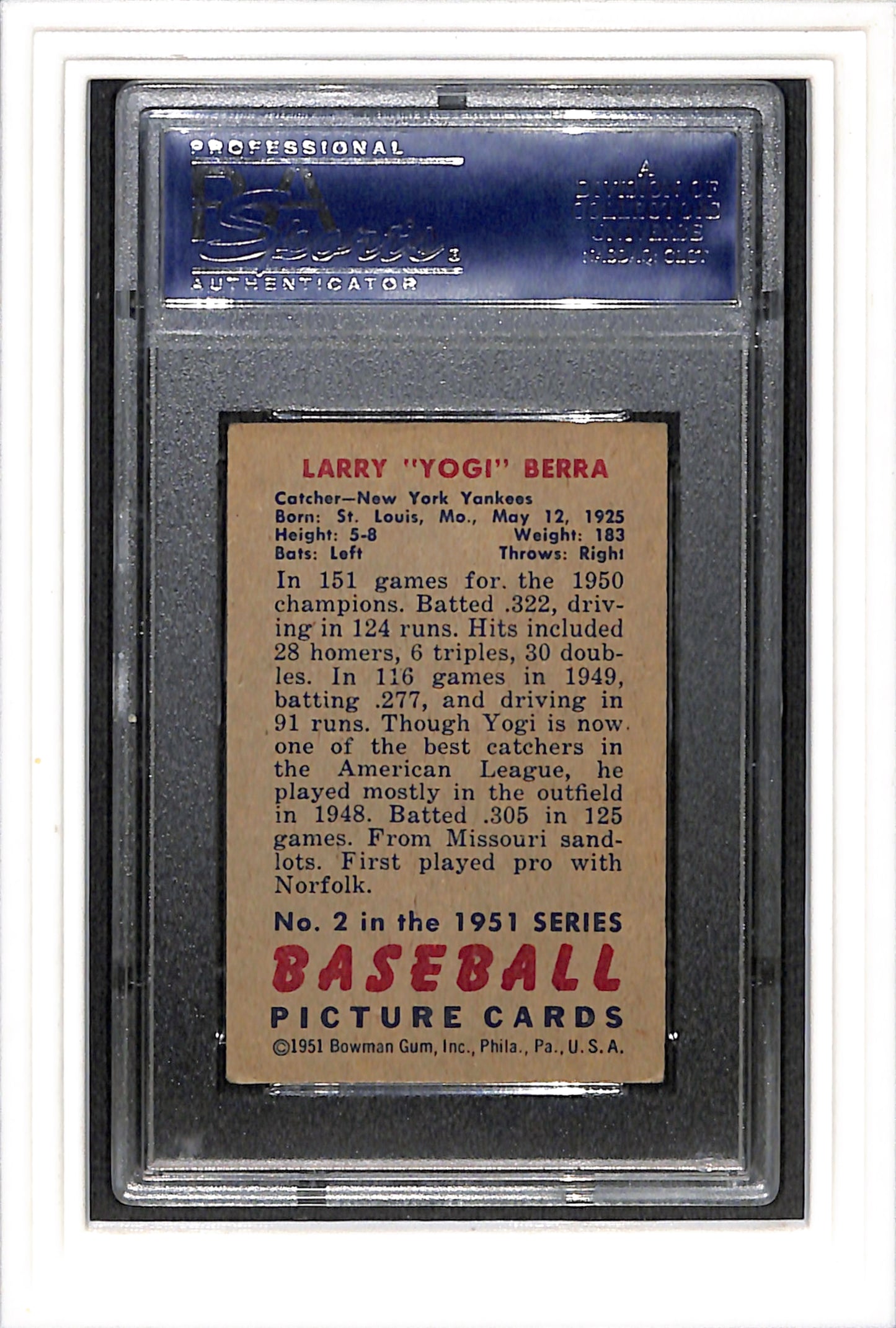 1951 Bowman #2 Yogi Berra PSA 4 SN 16733199