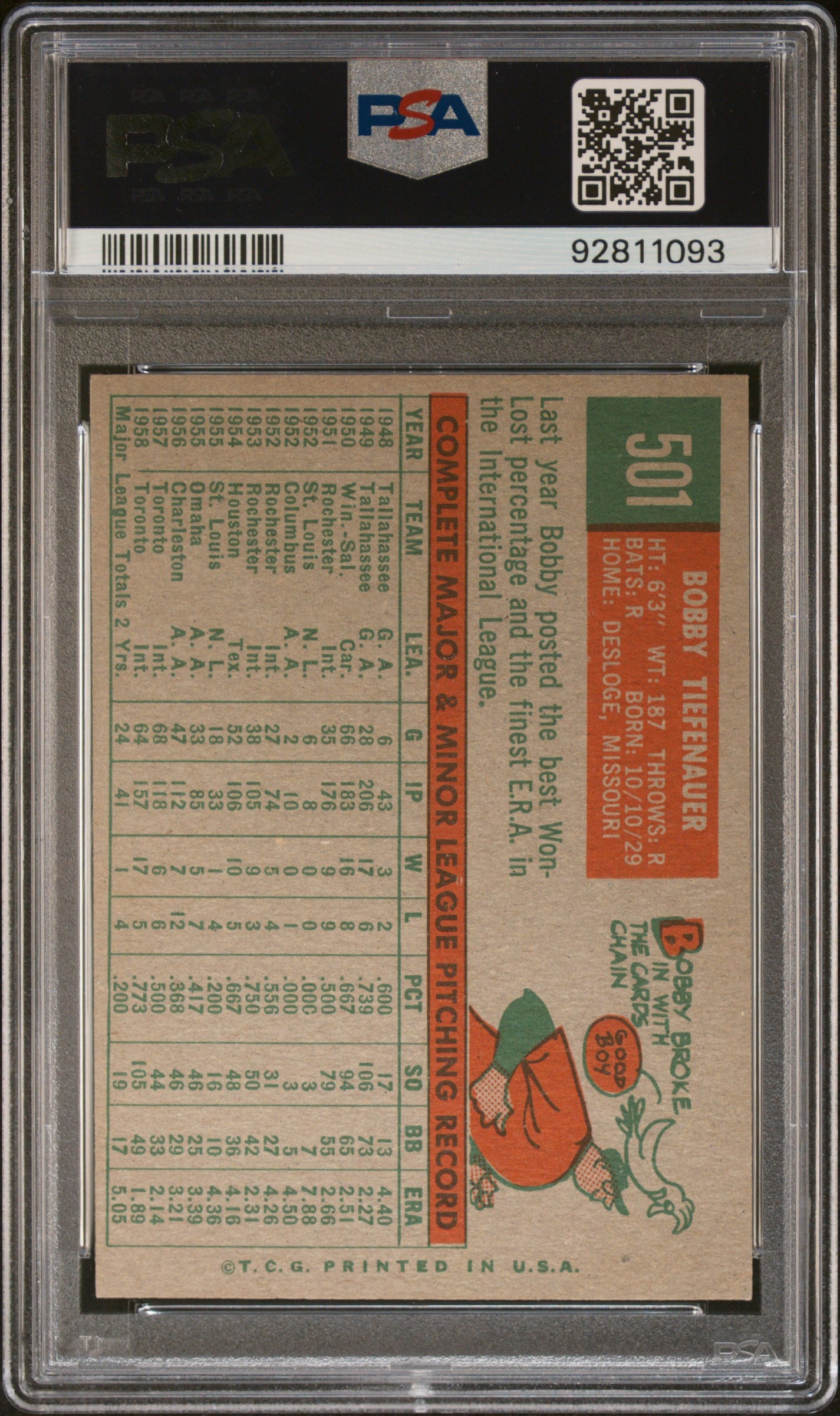 1959 Topps #501 Bobby Tiefenauer PSA 8 SN 92811093