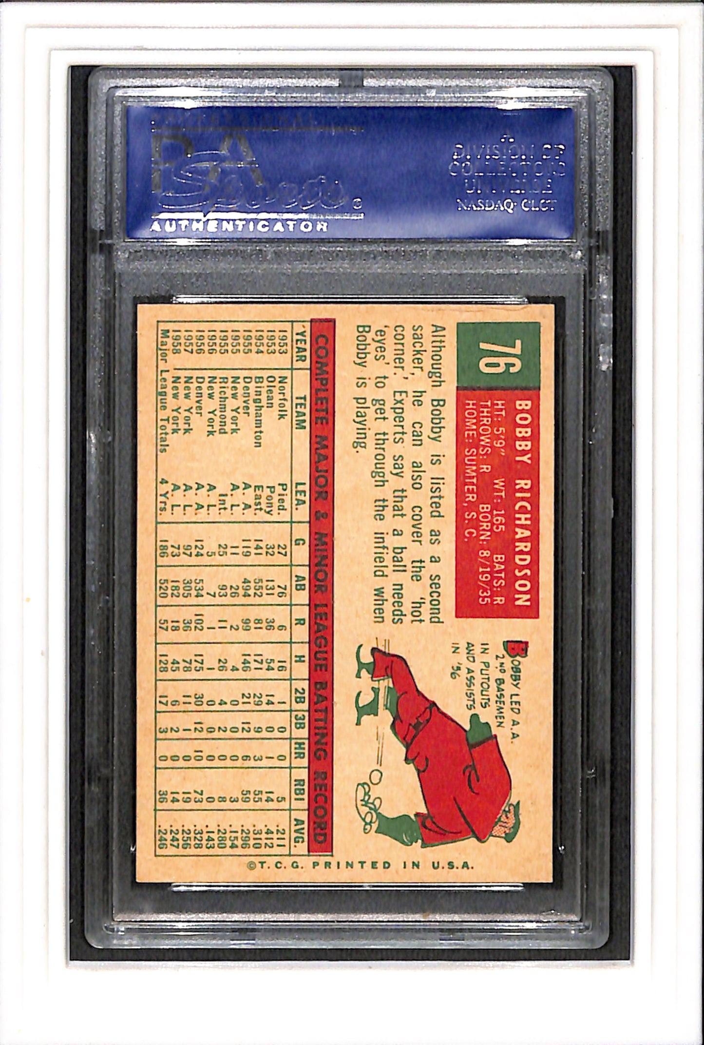 1959 Topps #76 Bobby Richardson PSA 8 SN 09180597