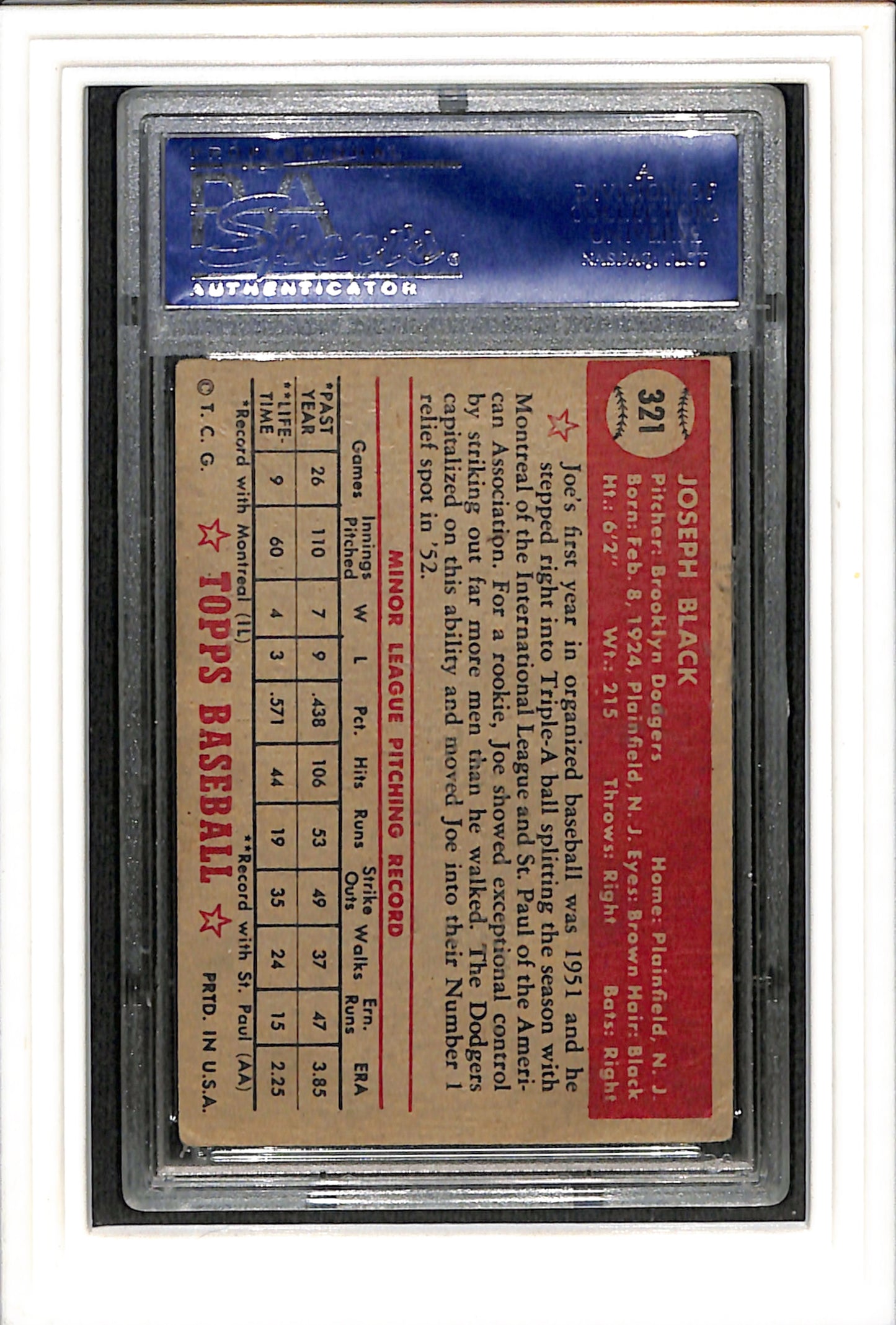 1952 Topps #321 Joe Black PSA 2 SN 12567340