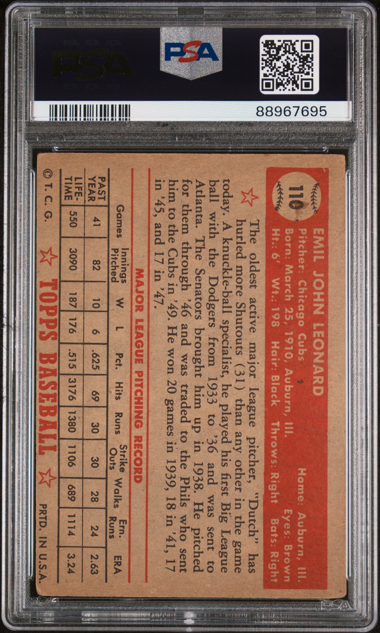 1952 Topps #110 Dutch Leonard PSA 3 SN 88967695
