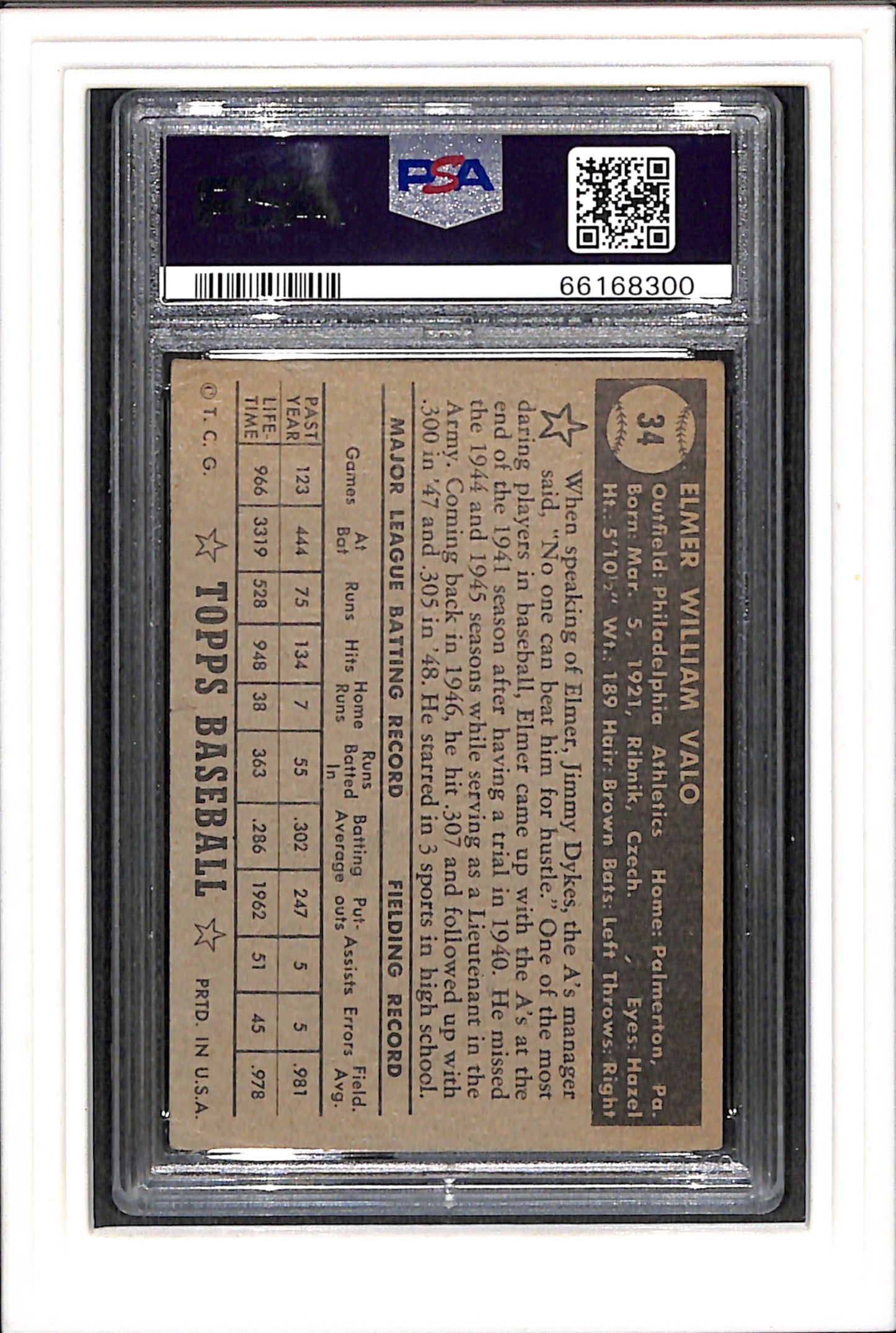 1952 Topps #34 Elmer Valo Black Back PSA 3 SN 66168300