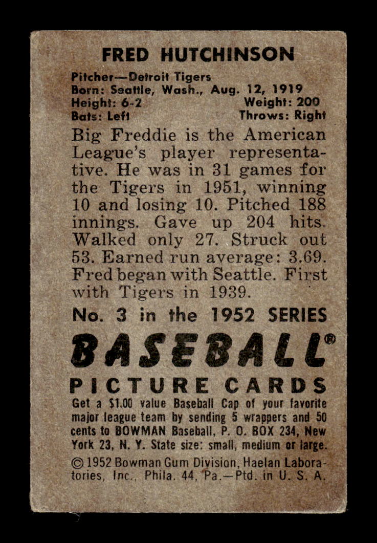 1952 Bowman #3 Fred Hutchinson Detroit Tigers G/VG 10012248