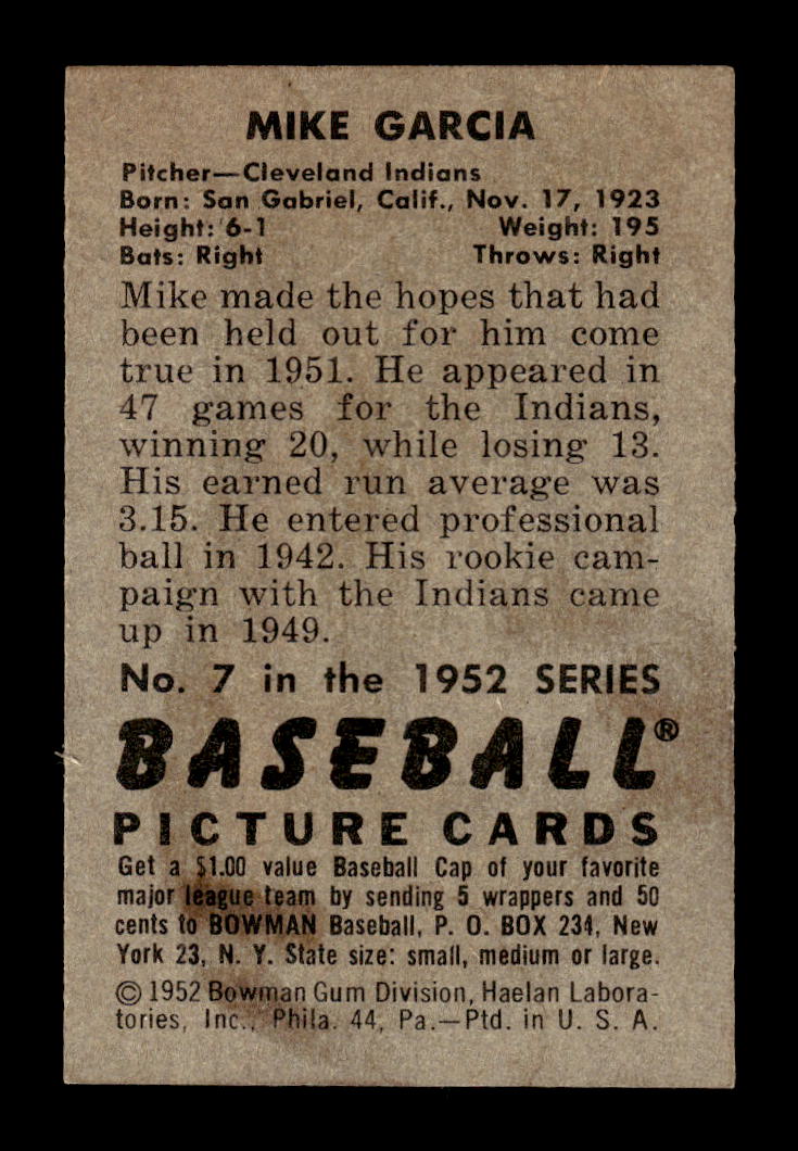 1952 Bowman #7 Mike Garcia Cleveland Indians G/VG 10012249