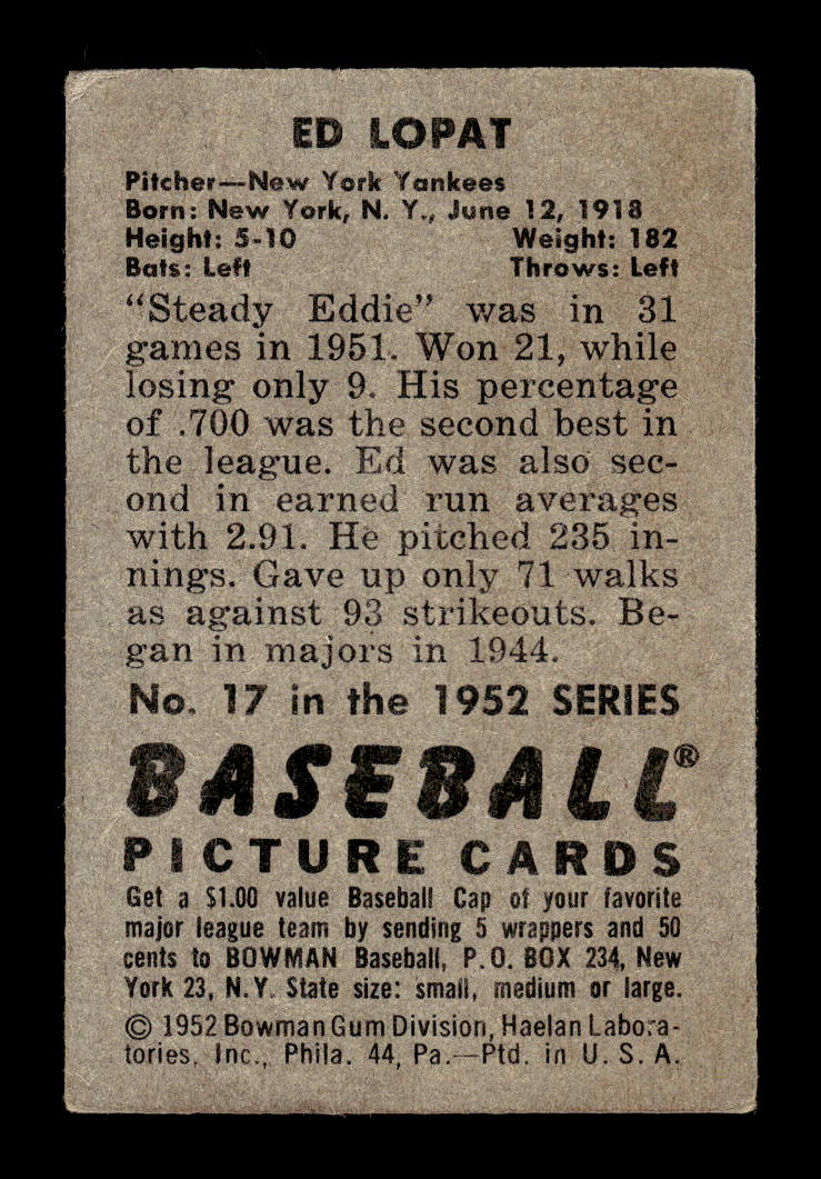 1952 Bowman #17 Ed Lopat New York Yankees G/VG 10012251