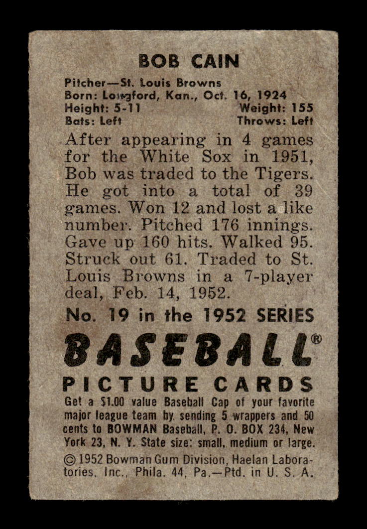 1952 Bowman #19 Bob Cain St. Louis Browns G/VG 10012253