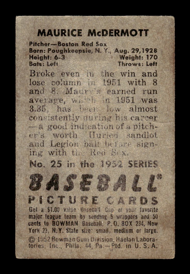 1952 Bowman #25 Maurice McDermott Boston Red Sox G/VG 10012256