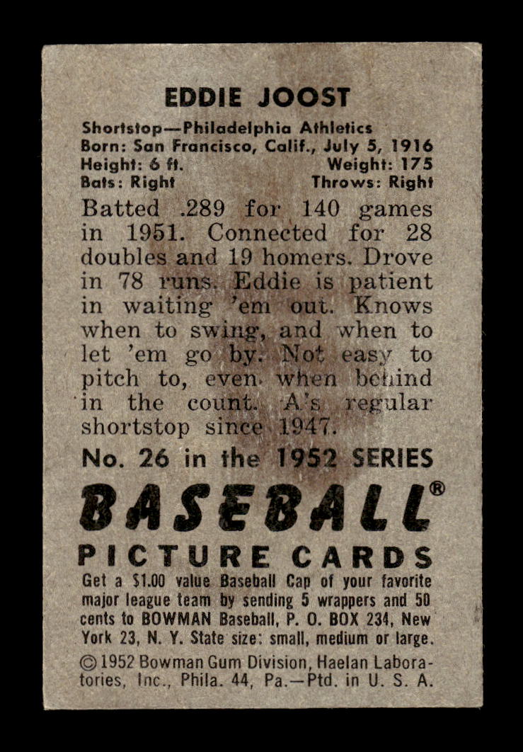 1952 Bowman #26 Eddie Joost Philadelphia Athletics G/VG 10012257