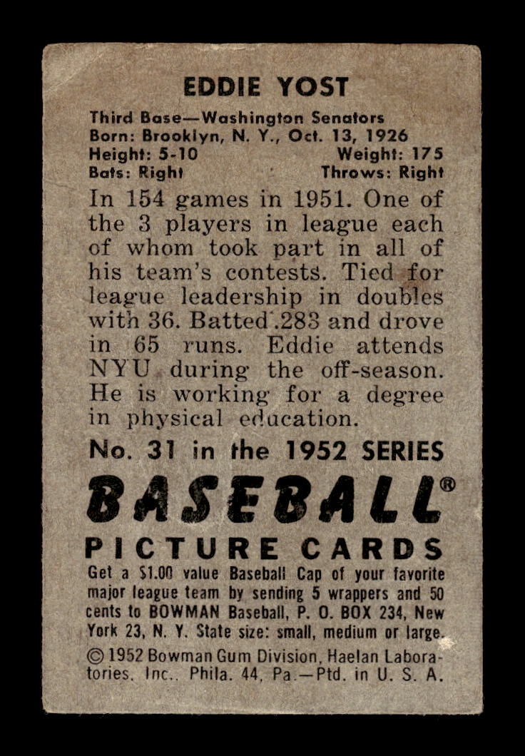 1952 Bowman #31 Eddie Yost Washington Senators G/VG 10012259