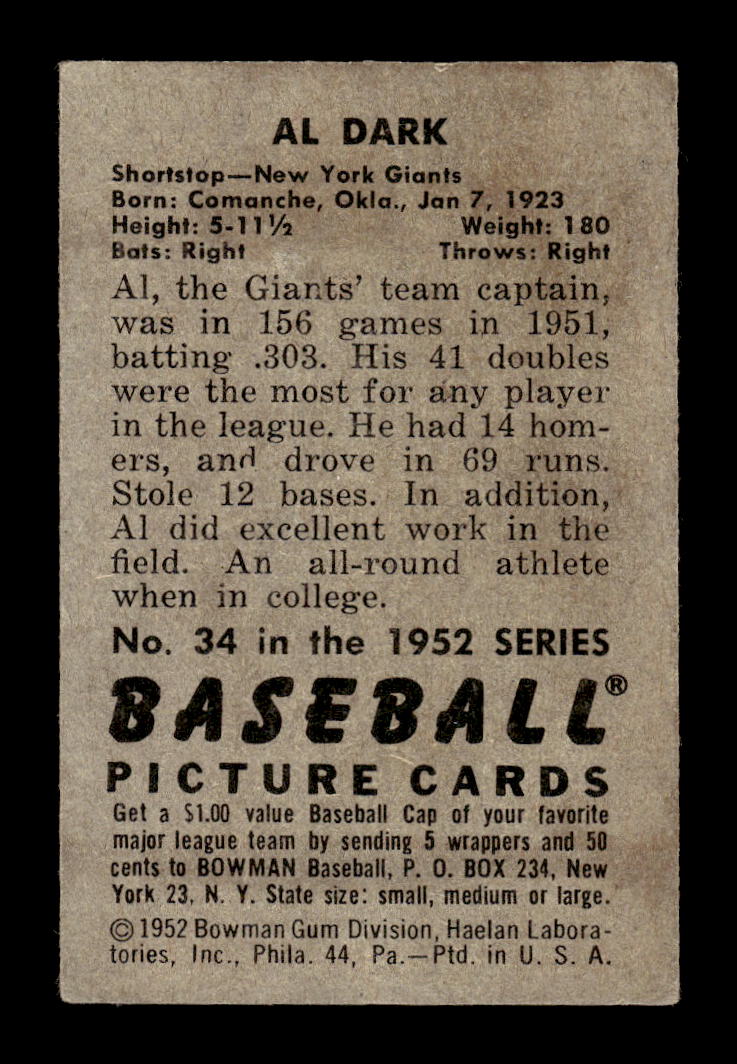 1952 Bowman #34 Al Dark New York Giants G/VG 10012261