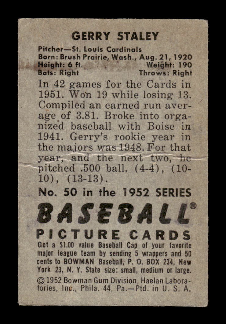 1952 Bowman #50 Gerry Staley St. Louis Cardinals G/VG 10012265
