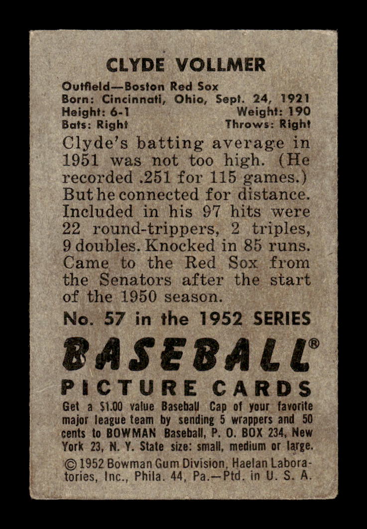 1952 Bowman #57 Clyde Vollmer Boston Red Sox G/VG 10012268