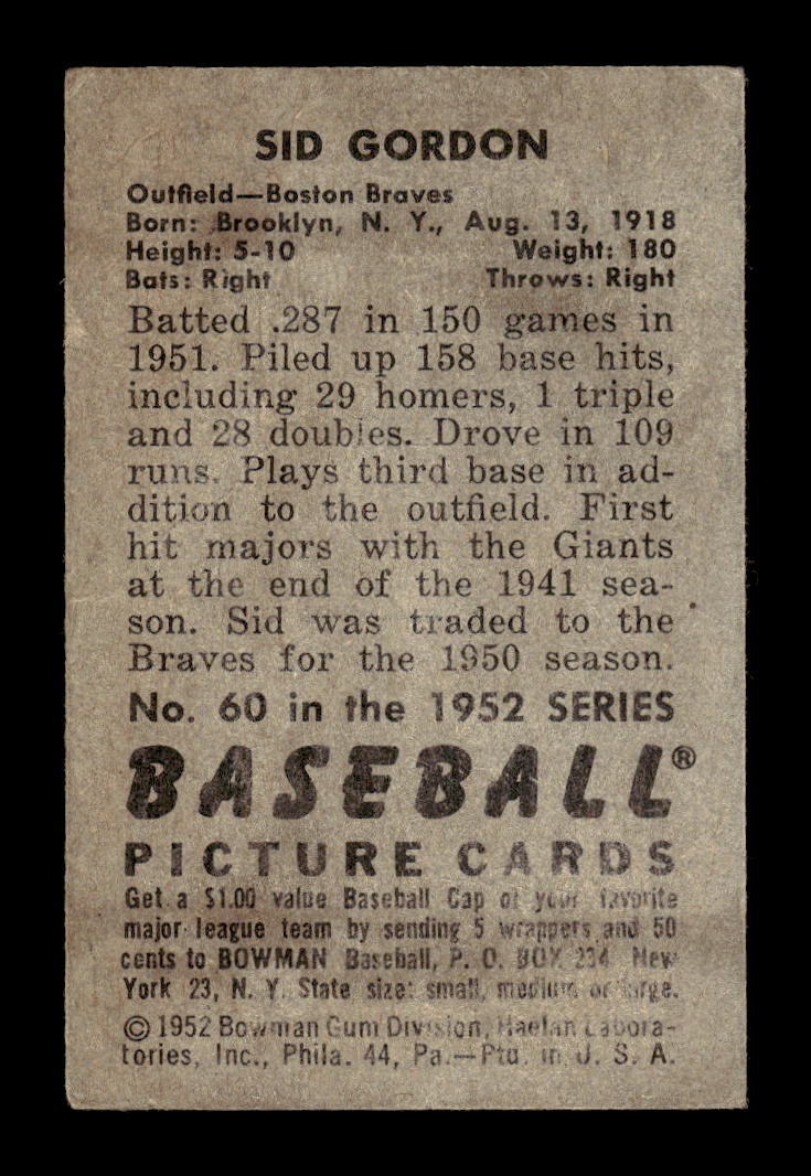 1952 Bowman #60 Sid Gordon Boston Braves G/VG 10012270