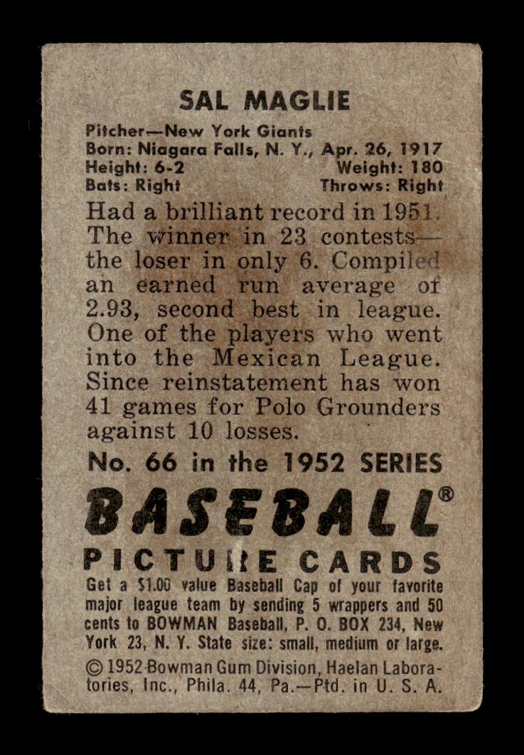1952 Bowman #66 Sal Maglie New York Giants G/VG 10012272