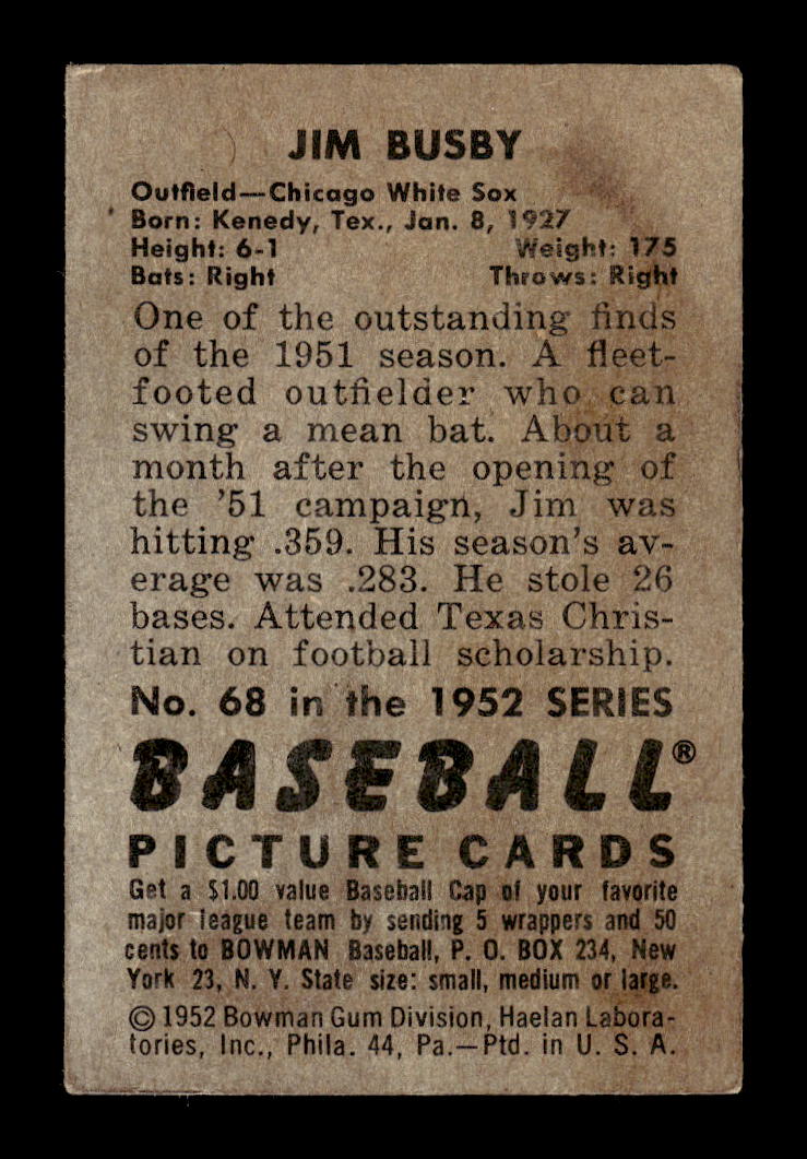 1952 Bowman #68 Jim Busby Chicago White Sox G/VG 10012274