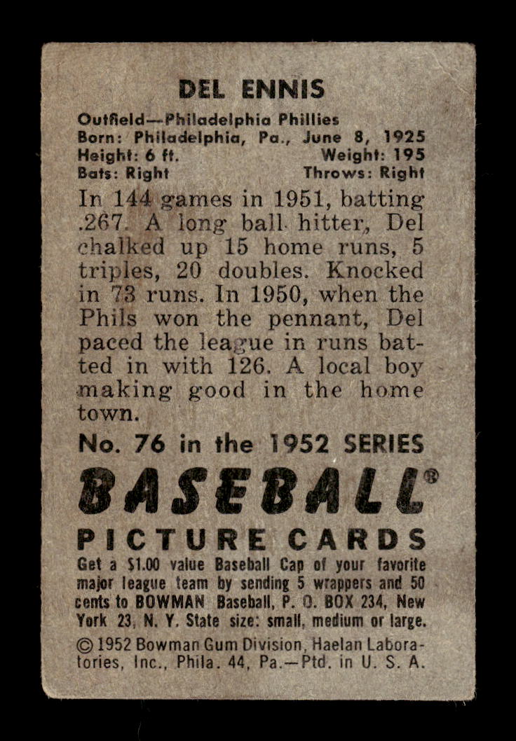 1952 Bowman #76 Del Ennis Philadelphia Phillies G/VG 10012277