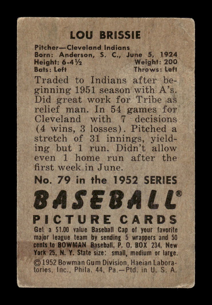1952 Bowman #79 Lou Brissie Cleveland Indians G/VG 10012279