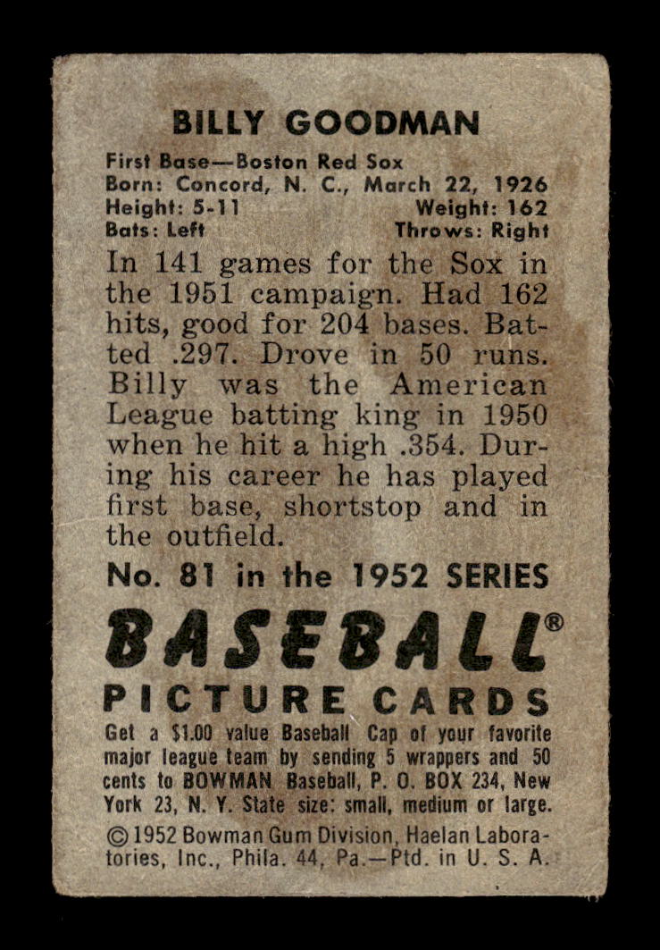 1952 Bowman #81 Billy Goodman Boston Red Sox G/VG 10012280