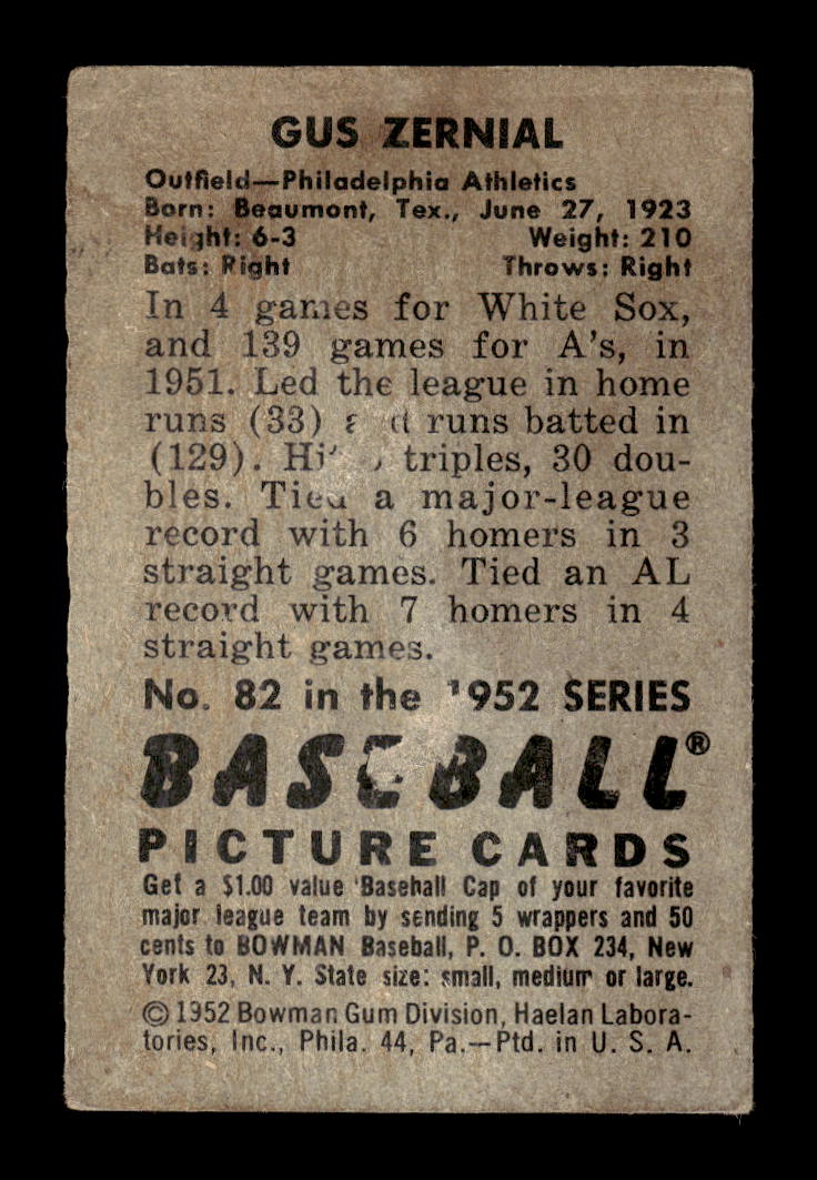 1952 Bowman #82 Gus Zernial Philadelphia Athletics Poor 10012281