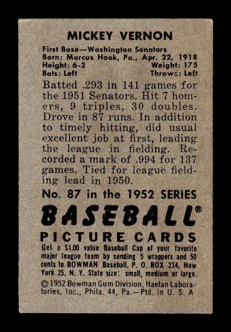 1952 Bowman #87 Mickey Vernon Washington Senators G/VG 10012283