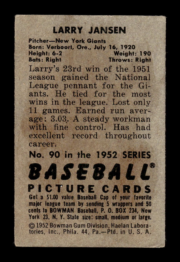 1952 Bowman #90 Larry Jansen New York Giants G/VG 10012284